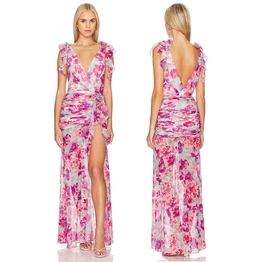 Lovers and Friends Jade Ruffle Gown Floral Formal Prom Wedding Guest Party S